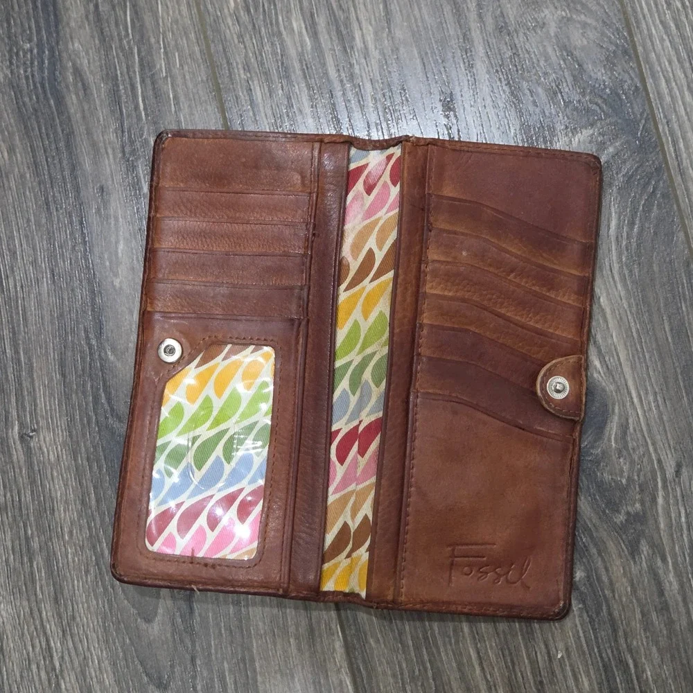 Fossil Kisslock Leather Clutch Wallet Brown Coin Pouch Card Holder Vintage